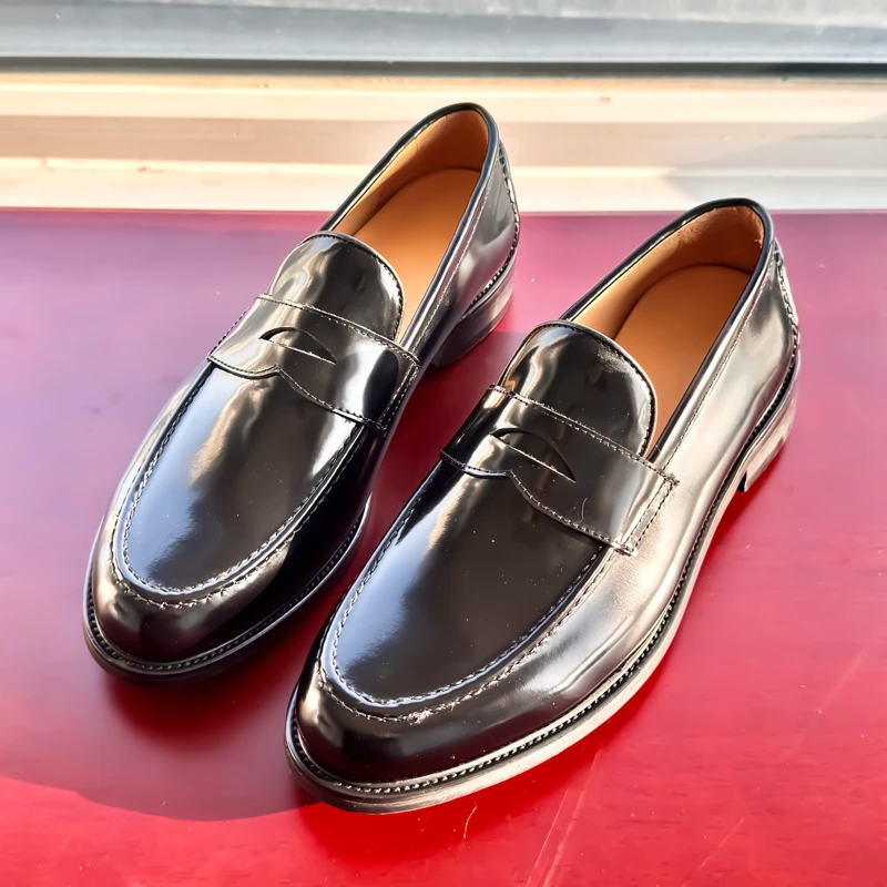 亮皮乐福鞋男款写字楼商务正装办公鞋厚底休闲皮鞋开边珠牛皮男鞋