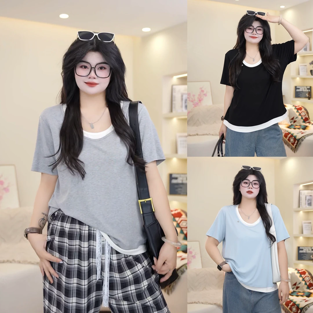 梦丞-大码女装夏季韩系设计感假两件宽松百搭显瘦遮肉短袖T恤女