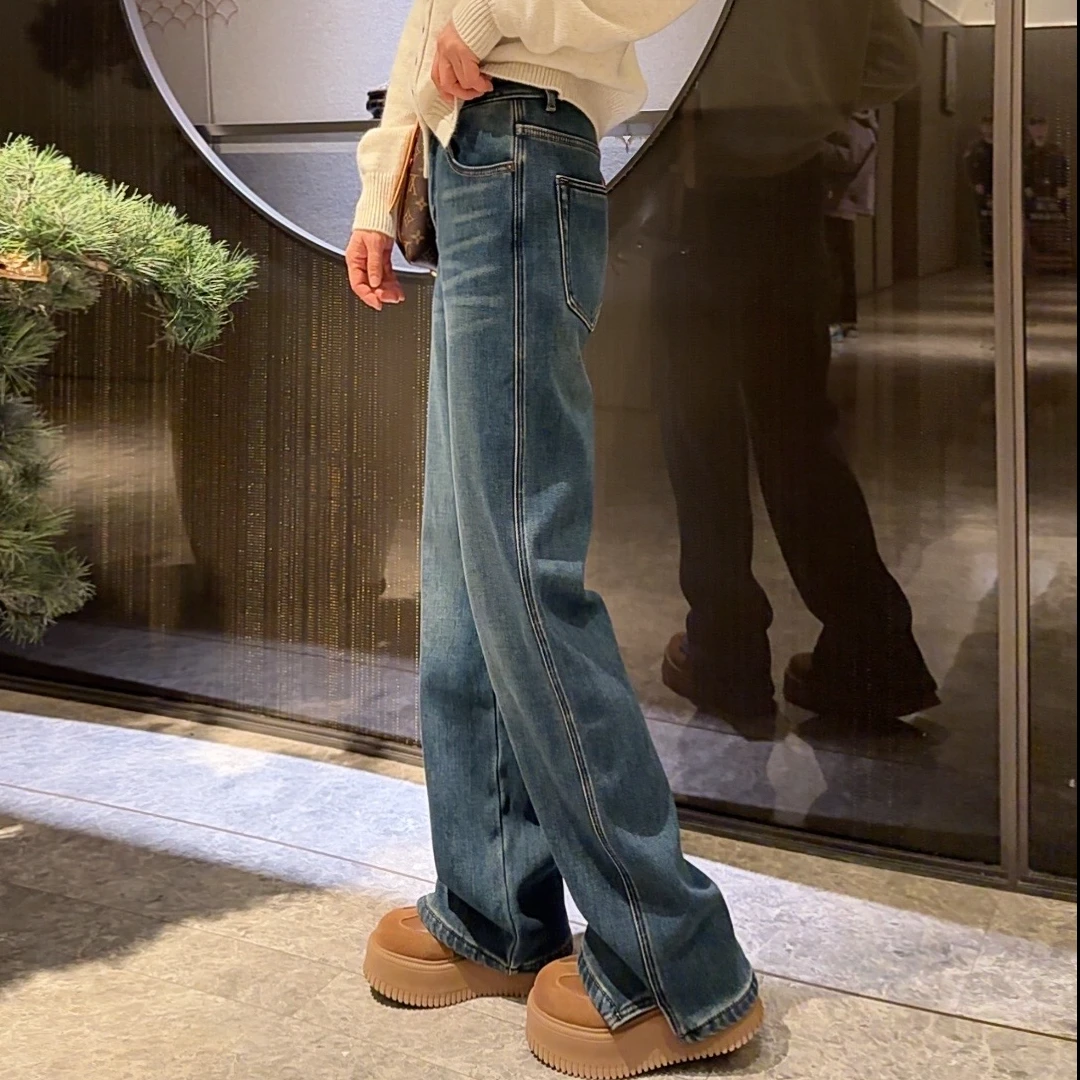 妮子严选冬款加厚绒直筒显瘦牛仔裤86080