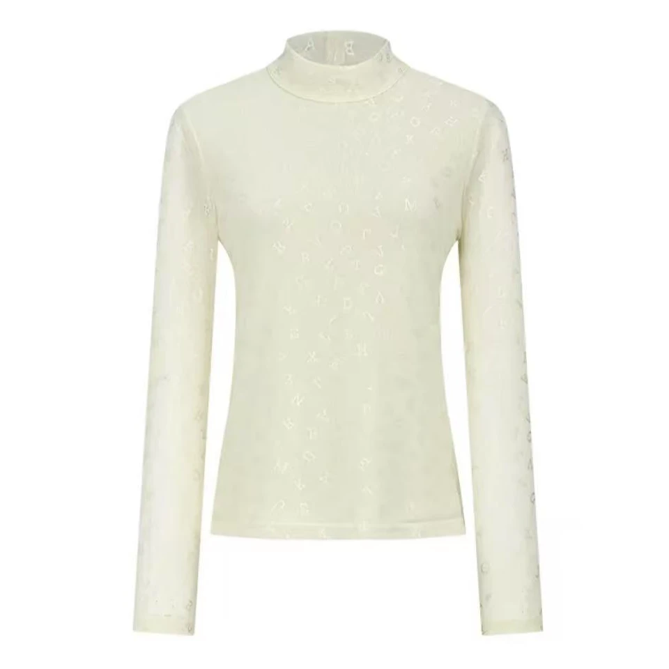 5336曼德诗【专柜同款】立领长袖蕾丝衫修身满印套头小衫