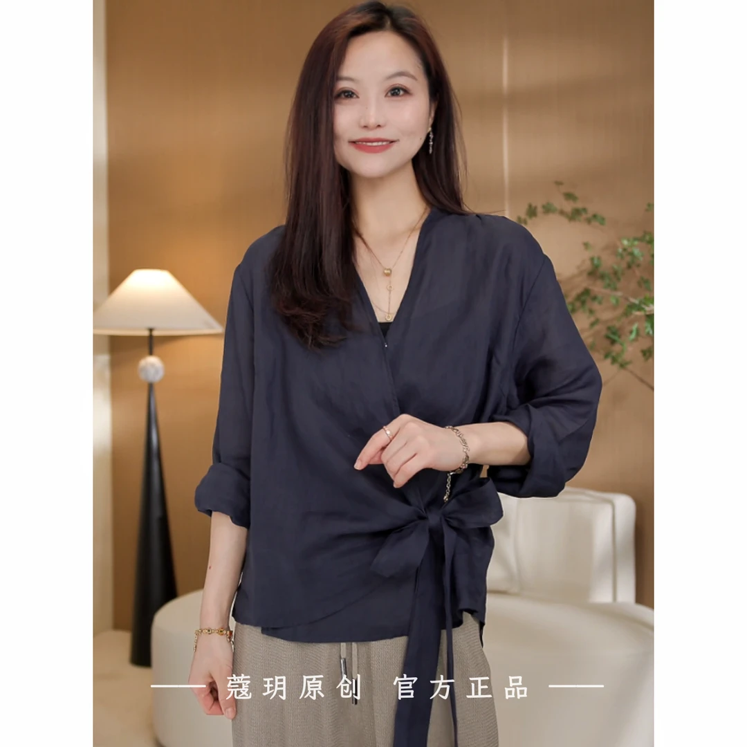 意大利进口苎麻【高智女王】 夏季新品系带纯色收腰V领开衫