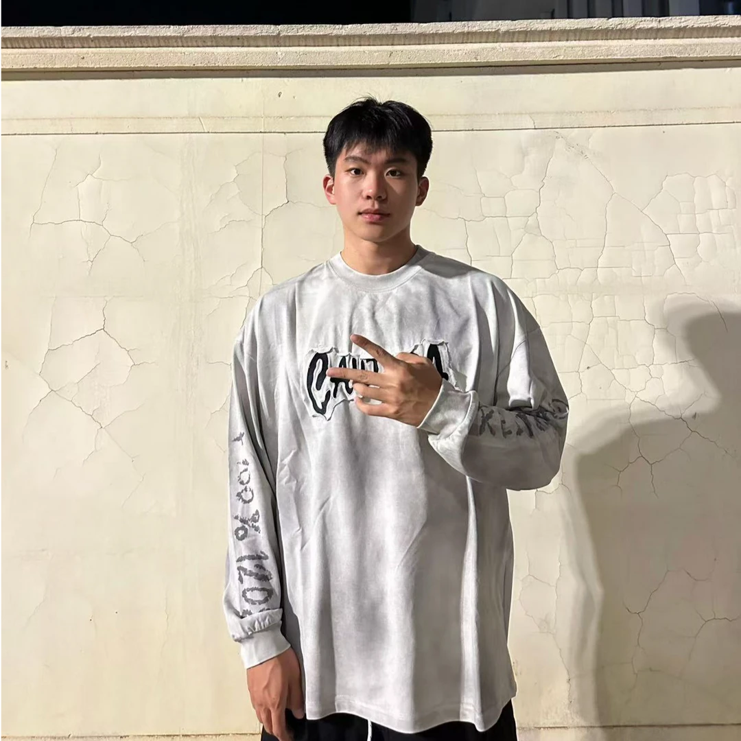 CAUT家300克！水洗做旧贴布刺绣长袖T恤男女同款