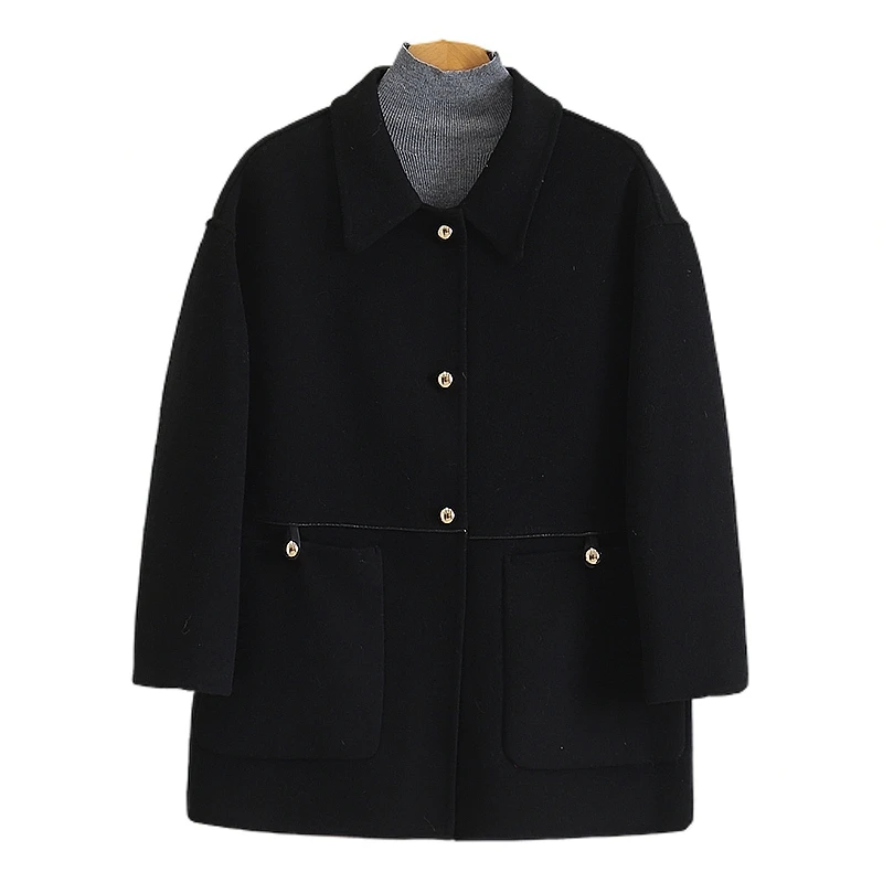 【伍莎-自营】单排扣纯色宽松方领中长款双面呢外套#BSM38B024