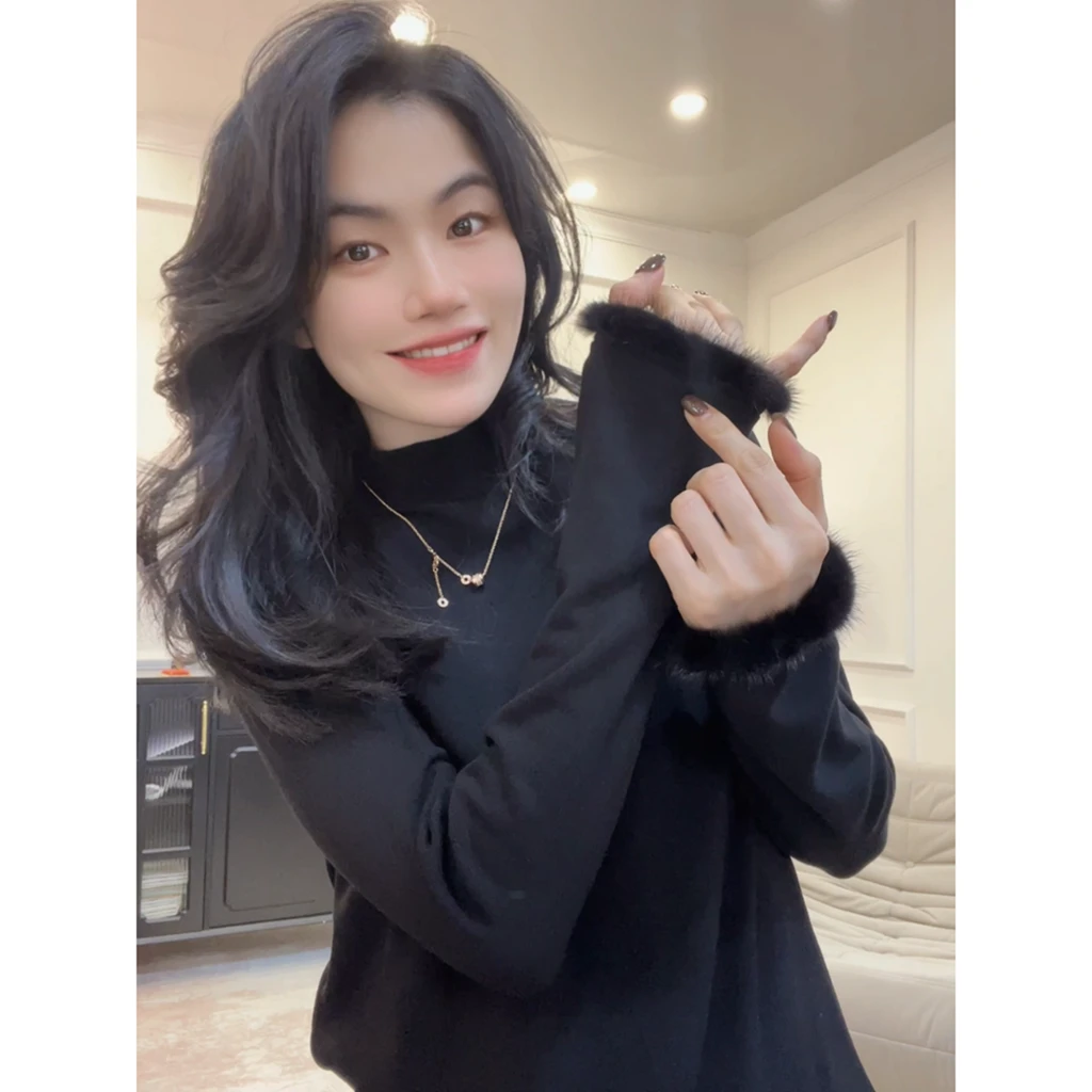 【毛毛袖口】秋冬新款气质高级感打底衫女T恤毛边百搭长袖上衣LY