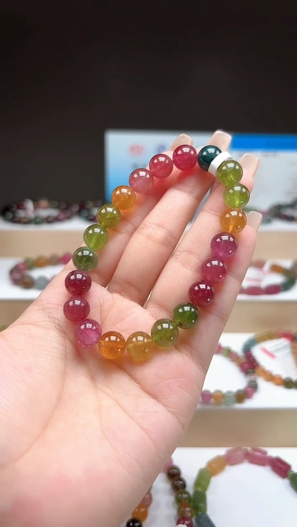 【闪购商品】碧玺手串未镶嵌9.3mm艳丽彩虹色玻璃体单圈手串