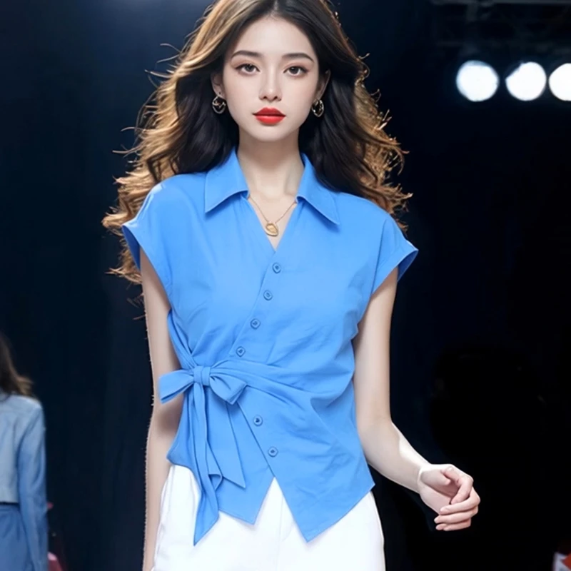 设计绑带侧腰韩系气质时尚显瘦短袖衬衫高级感轻职风POLO领上衣夏