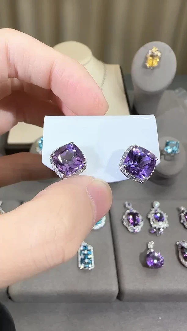 银S925镶嵌耳饰紫晶11mm耳钉简约设计款