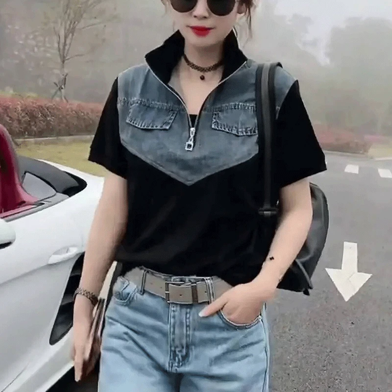 立领牛仔拼接短袖T恤女夏季新款2025时尚洋气减龄百搭显瘦上衣