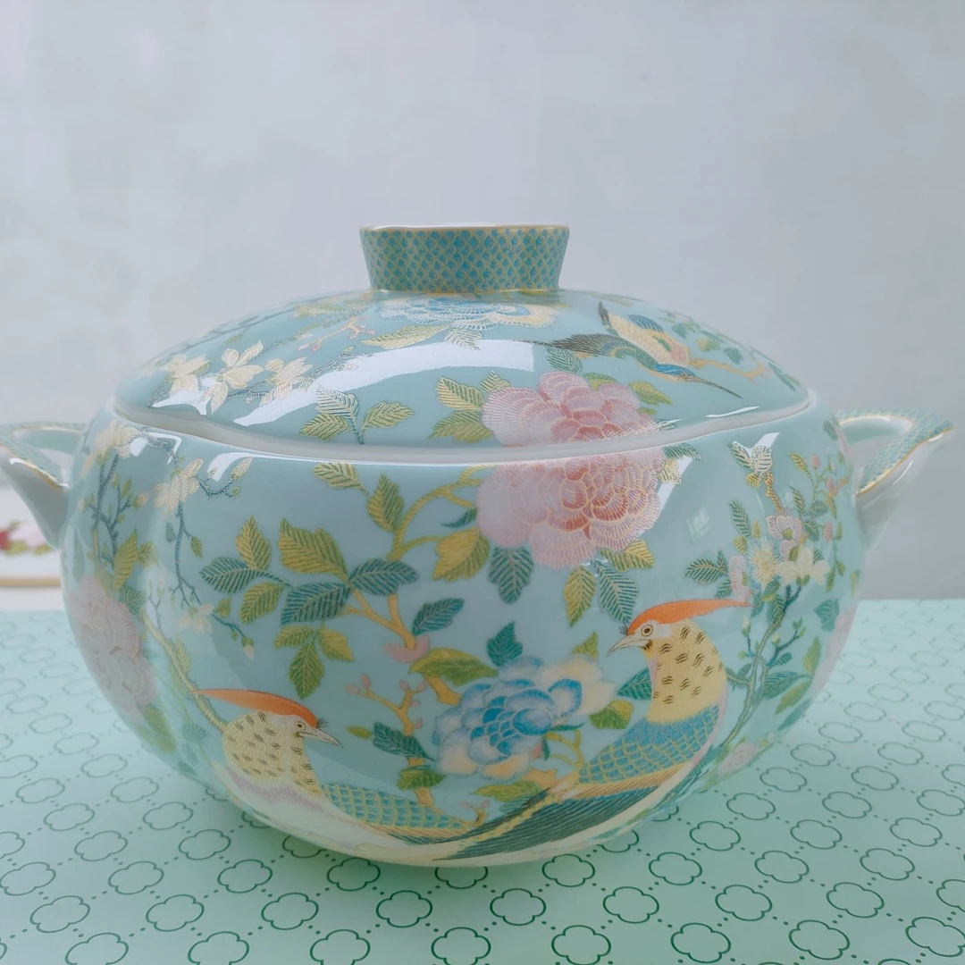 2025新年新款骨瓷百鸟和鸣品锅汤锅双耳带盖大汤碗浅蓝#F9508L-08
