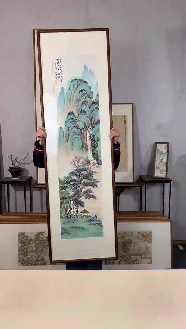 国画手绘*一脉山泉流德泽*52*172cm*黑胡桃色木框