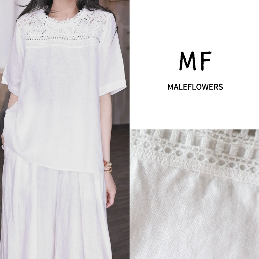 东倪MF 重工蕾丝加百分百汉麻半袖衬衫宽松圆领女上衣 85B2568