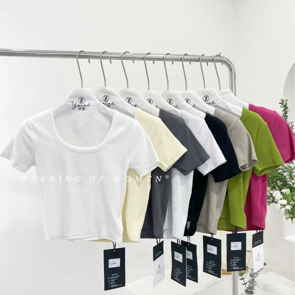 简约大气休闲大圆领高弹瘦短T恤