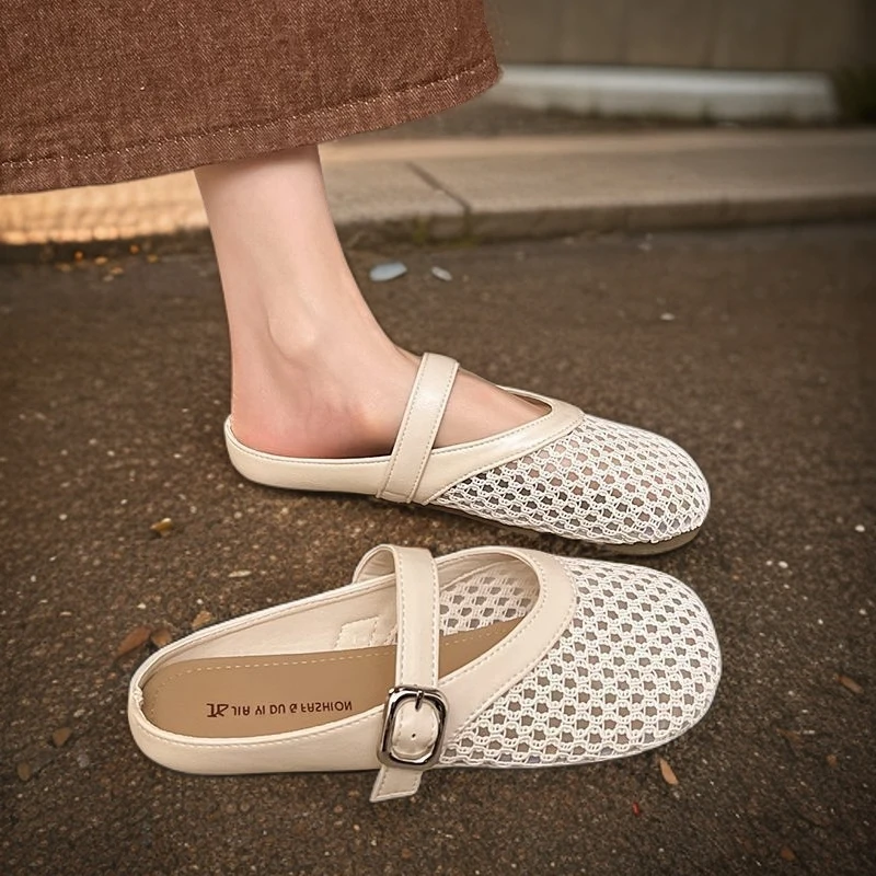 夏季新款玛丽珍单鞋女平底软底一字带网面小个子女生包头凉鞋透气