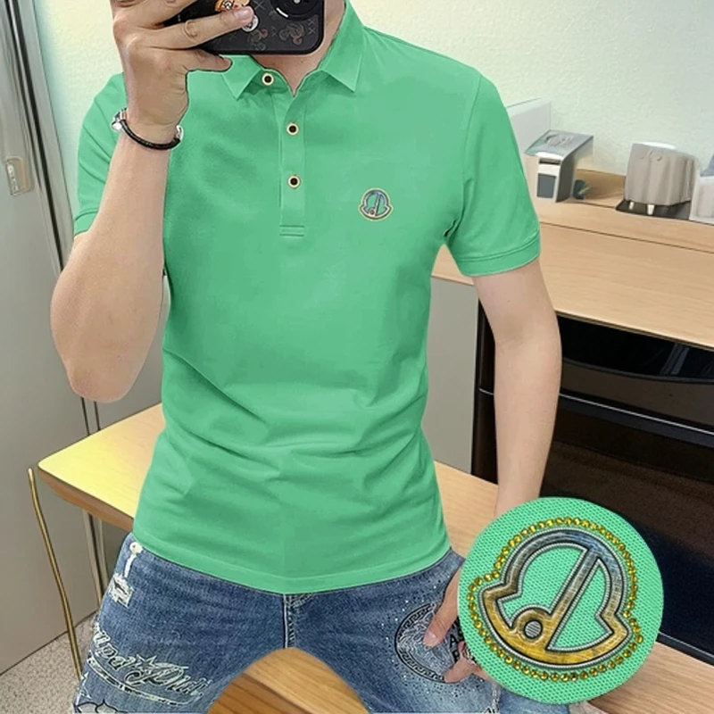 战沐潮流男士短袖Polo衫烫钻时尚半袖翻领修身夏季新款短袖上衣潮