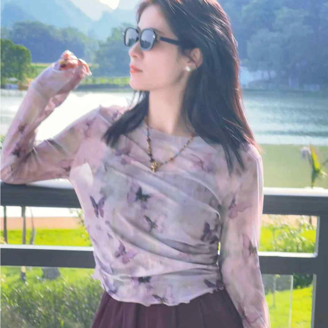 现货「MUMU CHAU」【破茧】短款长袖T恤女夏季薄款蝴蝶罩衫LX6887