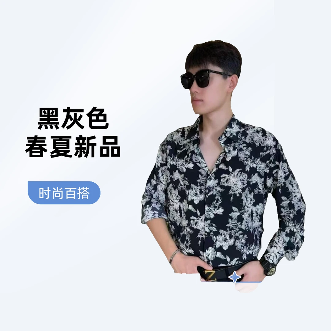2025夏新款男士时尚潮牌宽松款半袖衬衫休闲百搭翻领衬衫薄外套