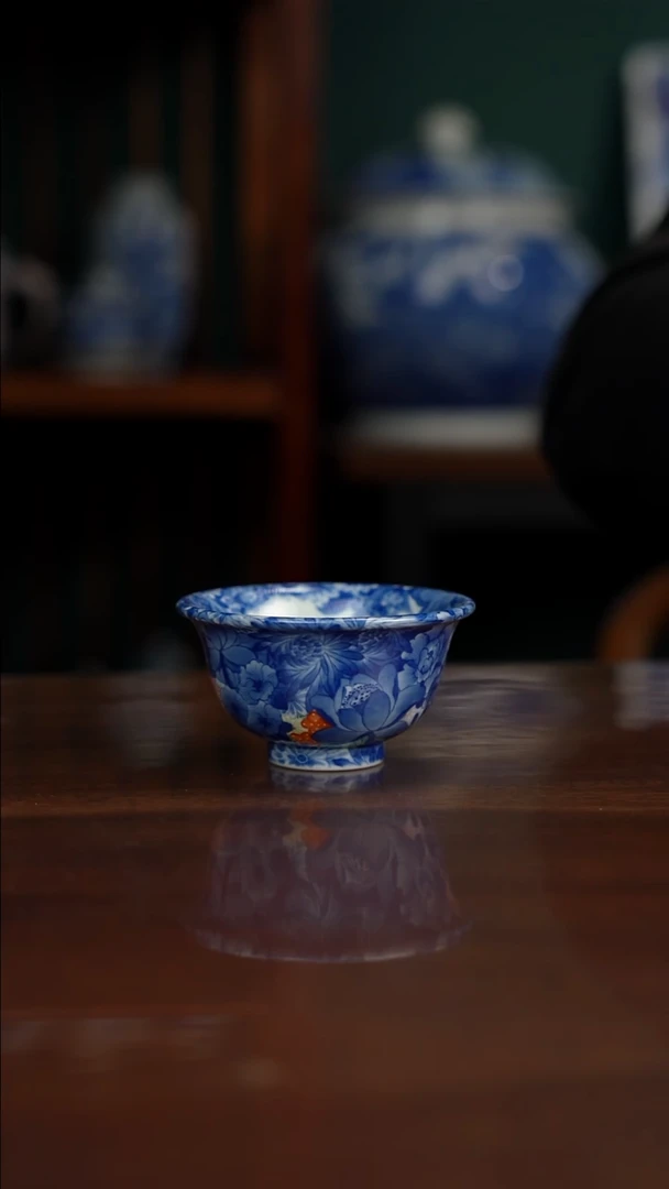 晓剑窑 青花珐琅彩万花压手杯