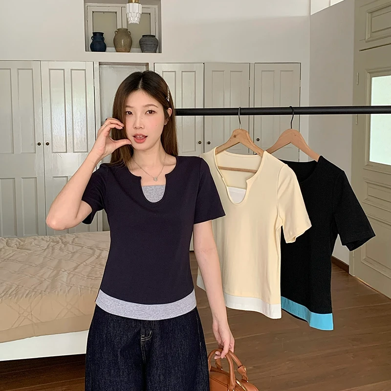 2025夏装新款胖mm大码女百搭拼接撞色显瘦正肩短袖T恤33662