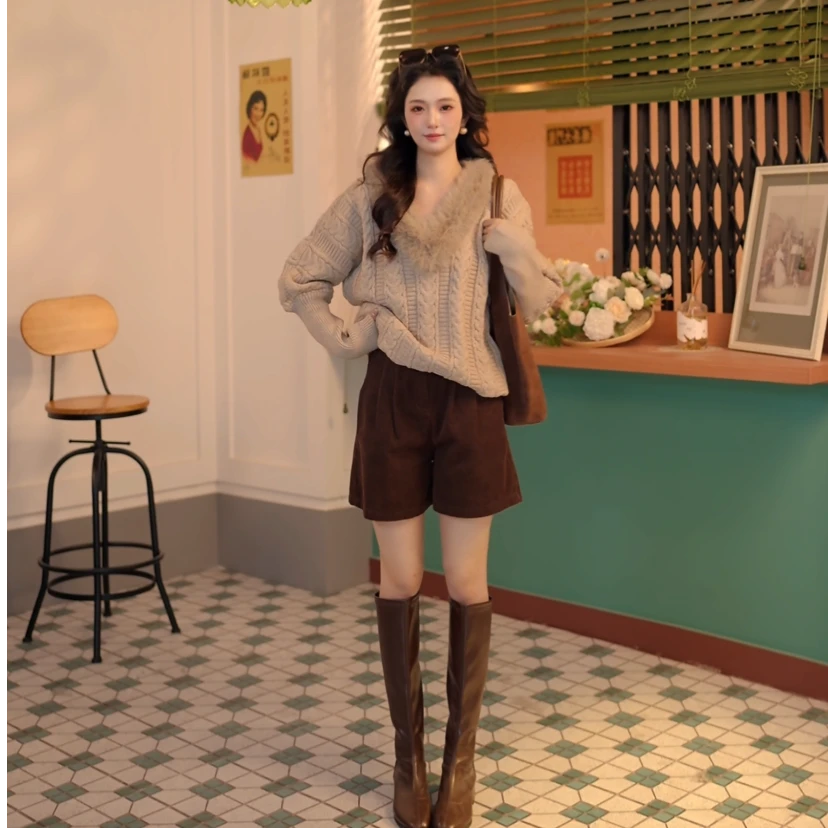 柚子【可可燕麦】港风复古开衫针织宽松毛领百搭毛衣DM2477829