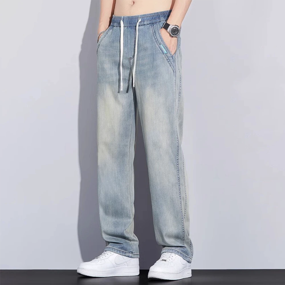 夏天穿搭潮牌复古牛仔裤男夏季薄款冰丝垂感直筒阔腿休闲裤