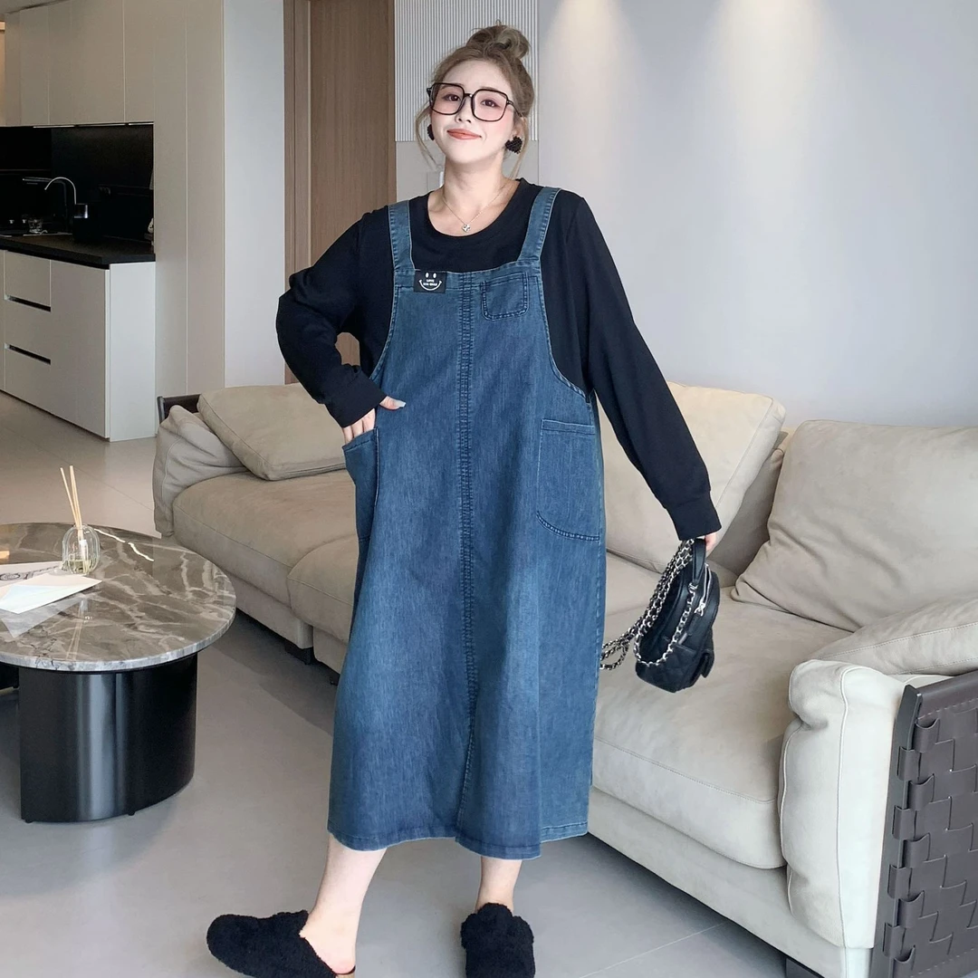 媛子大码假两件牛仔背带裙2025新款复古显瘦韩版拼接高级感女装