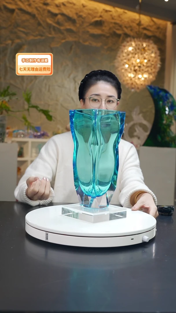 手工艺品琉璃宝石蓝方形开口花器