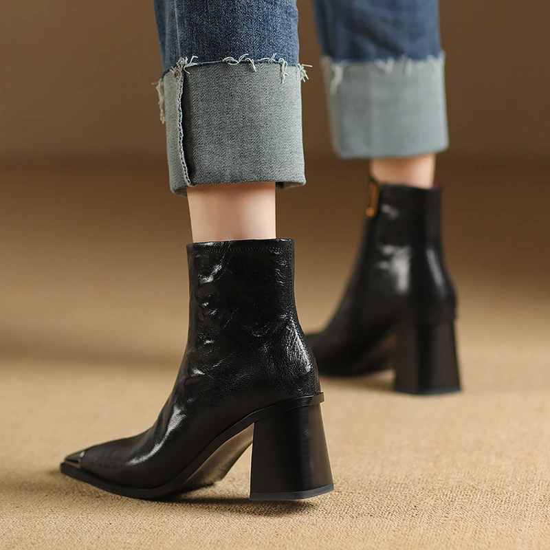 AACCK7.5CM新款高跟拉链粗跟方头短靴羊皮瘦瘦靴秋冬加绒高跟女靴