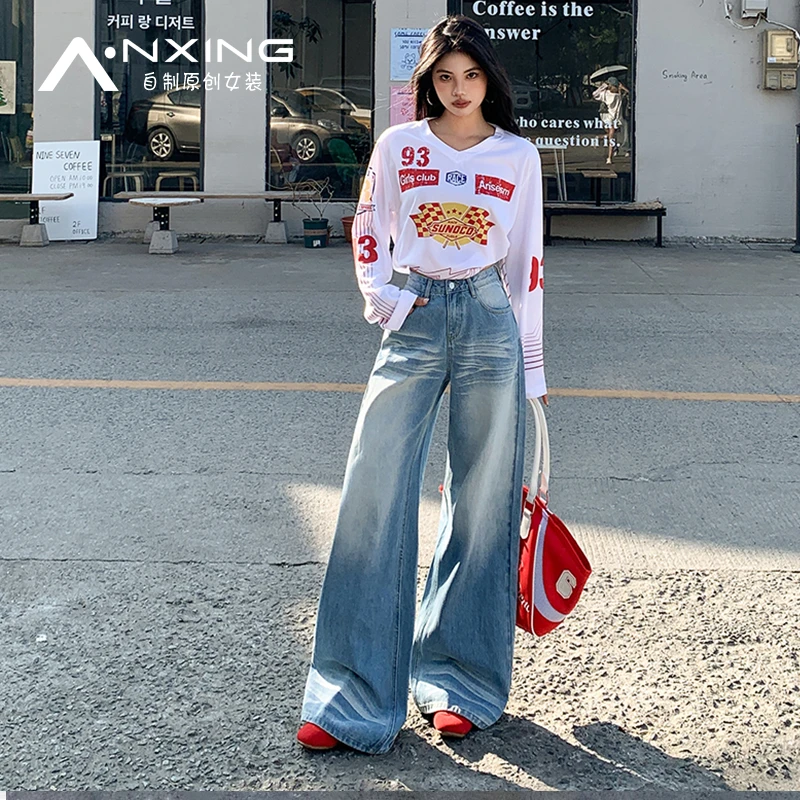 美式复古水洗折痕阔腿牛仔裤女2025春新款高腰宽松垂感拖地直筒裤