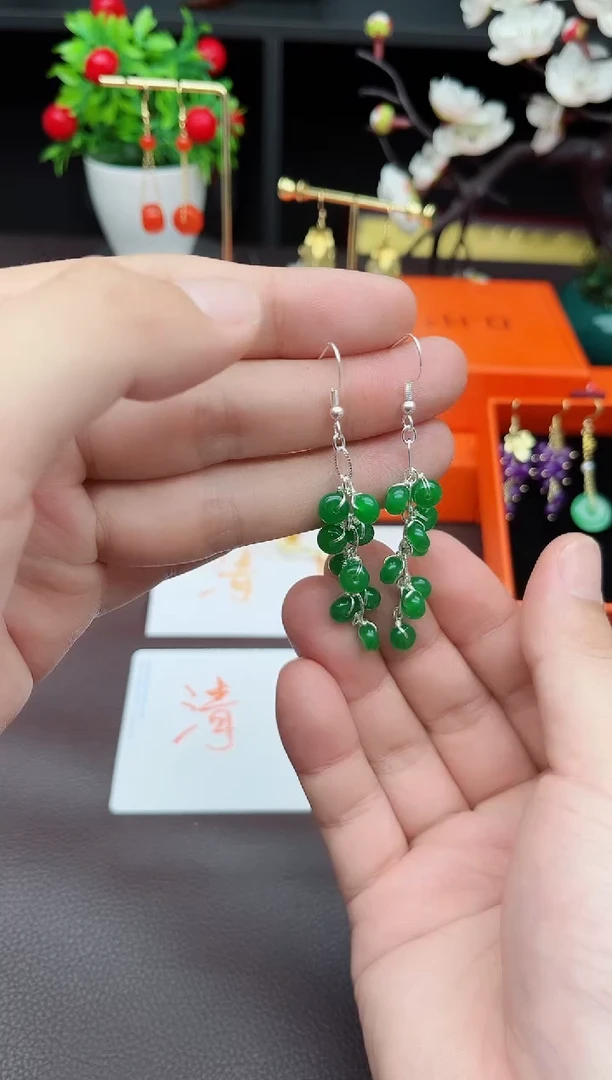 玛瑙/玉髓耳饰银S925镶嵌绿流苏