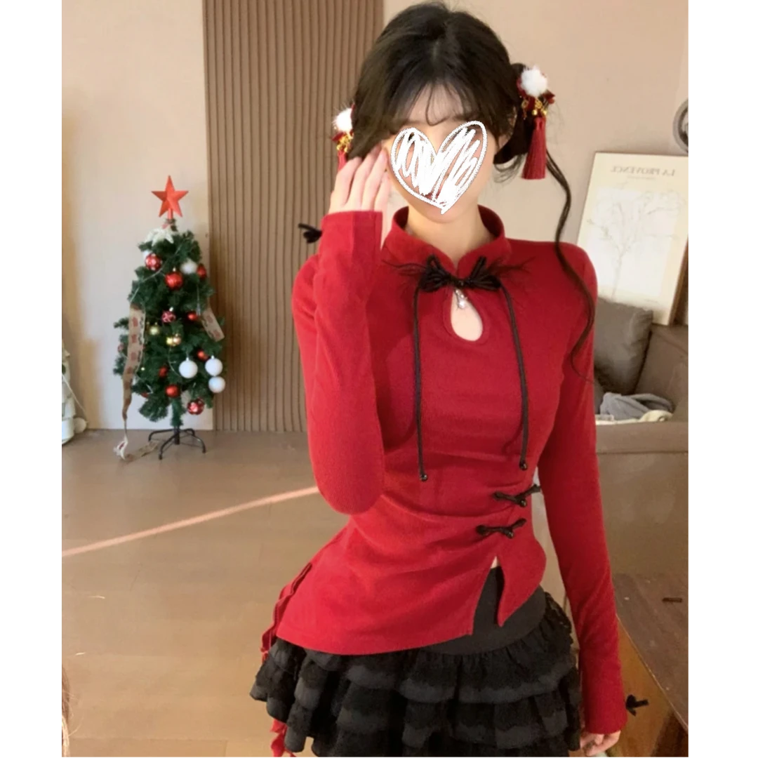 新月 春秋洋气修身设计感红色新中式上衣+蛋糕半裙C 8382#