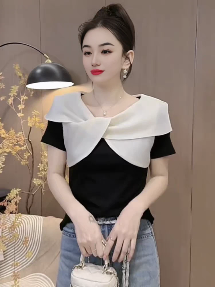 法式气质网纱拼接短袖T恤女2025夏季新款时尚百搭设计感小众上衣