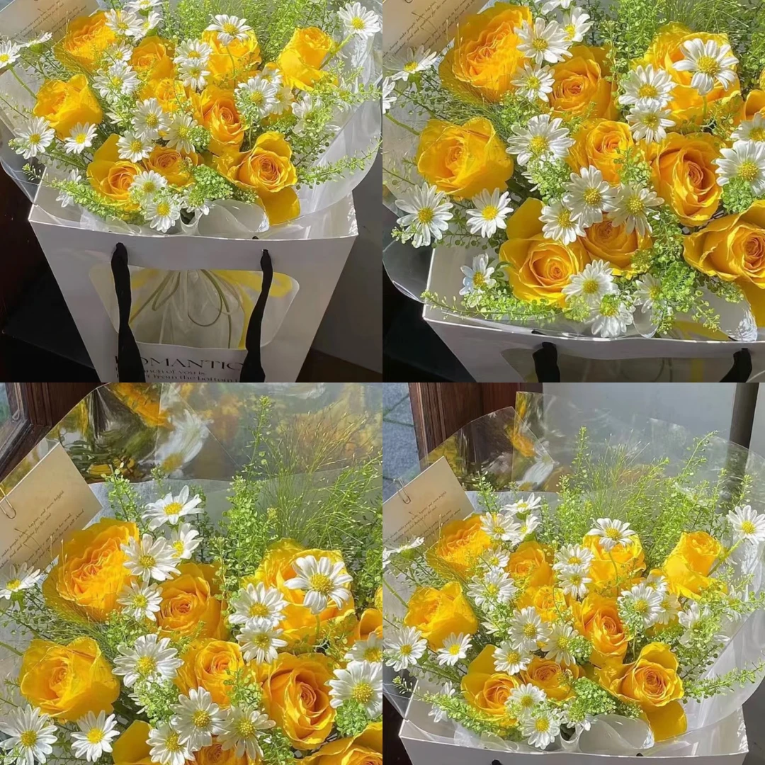 套餐32  黄色玫瑰10支+白色迷你菊一小把+绿灵草一小把