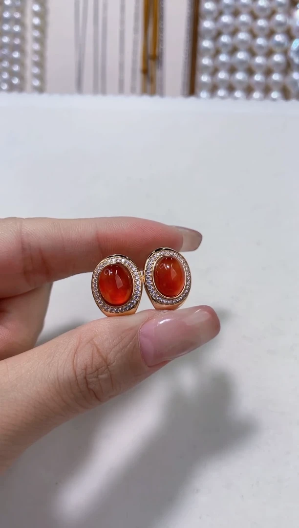 银S925镶嵌耳钉玛瑙/玉髓耳饰