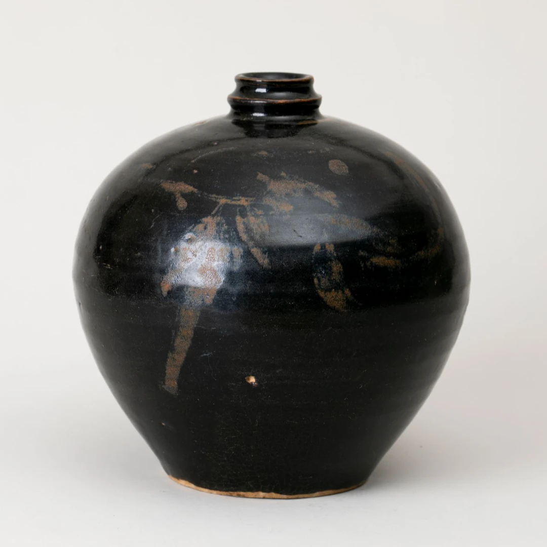 【古董】17、明  黑釉铁锈斑鸟花纹吐噜瓶