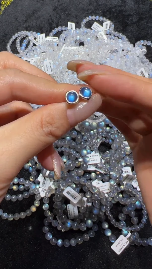 长石耳钉银S925镶嵌灰月光小方耳钉 默认微瑕介意勿拍