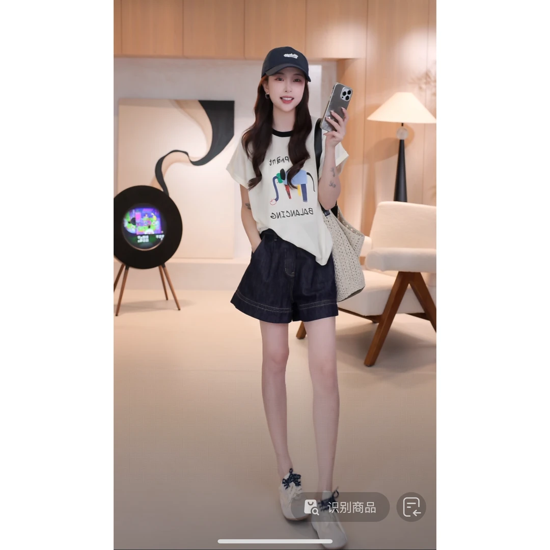 C05225百搭减龄宽松套头圆领大象字母印花短袖针织衫