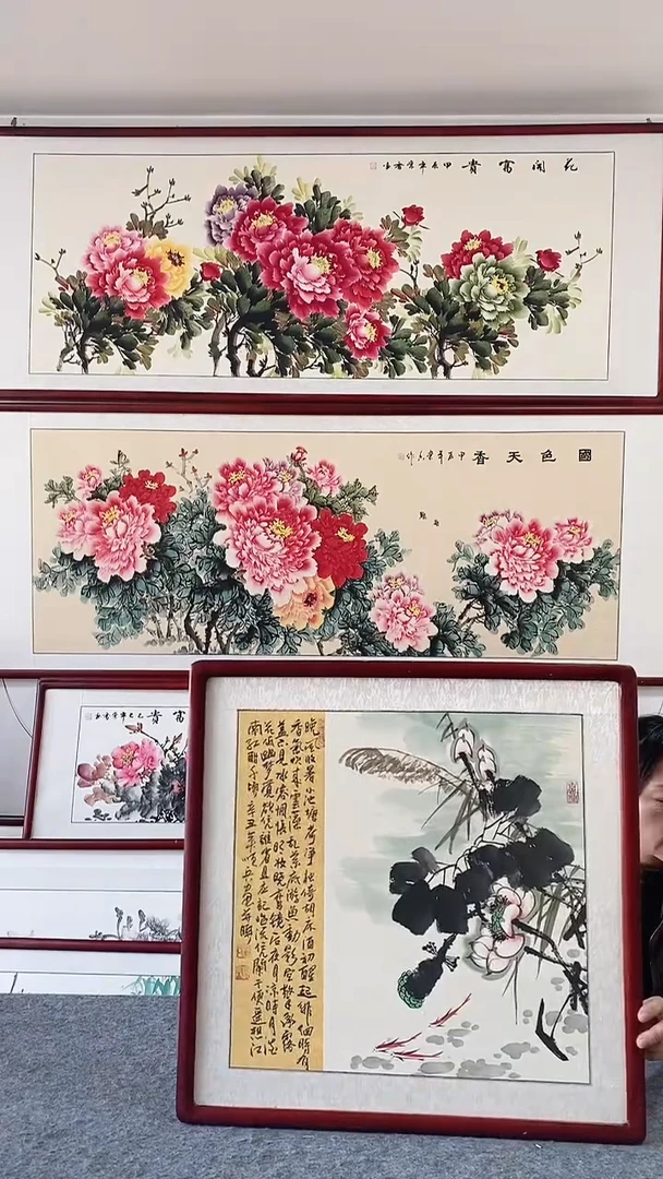 国画纯手绘国画65*65带框装饰挂画