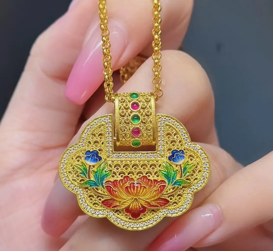 铜合金吊坠 铜合金吊坠新款古法珐琅彩花开富贵杜丹花项链