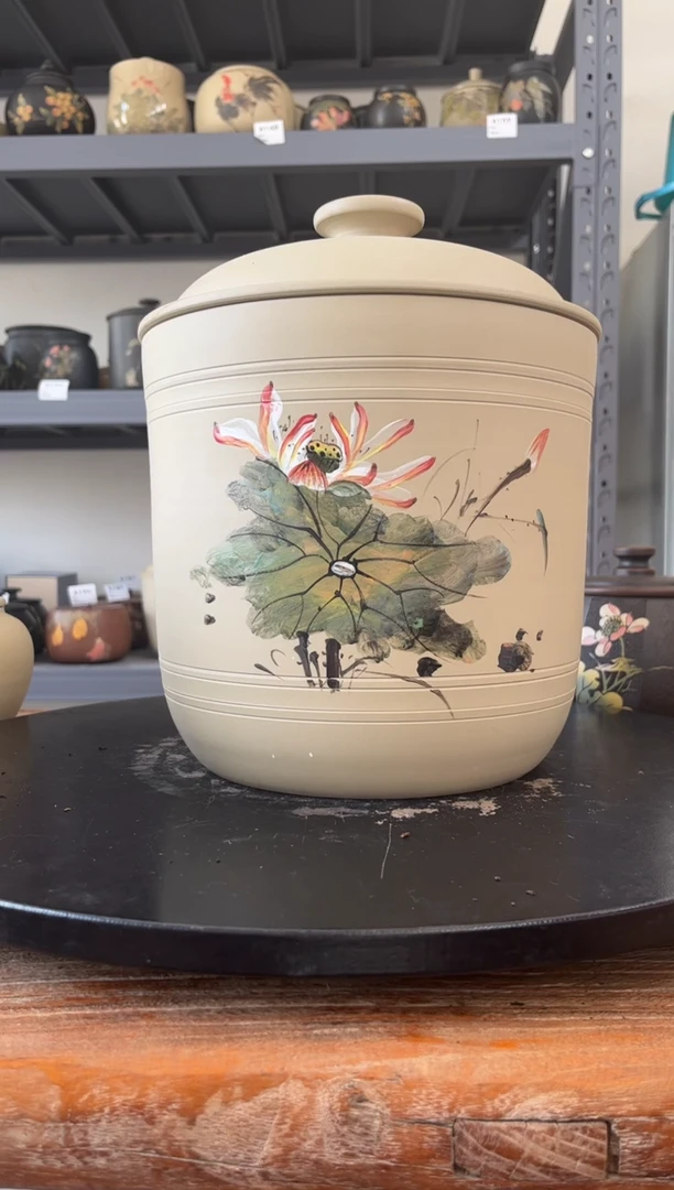 建水紫陶白泥彩绘精品茶罐