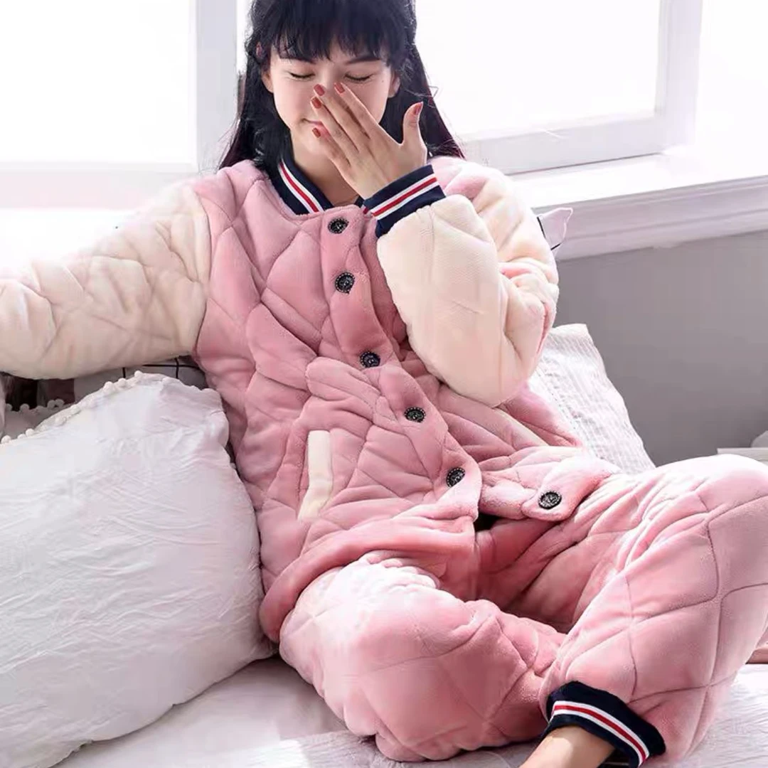 T3739新款秋冬季法兰绒睡衣长袖保暖加厚可外穿家居服套装