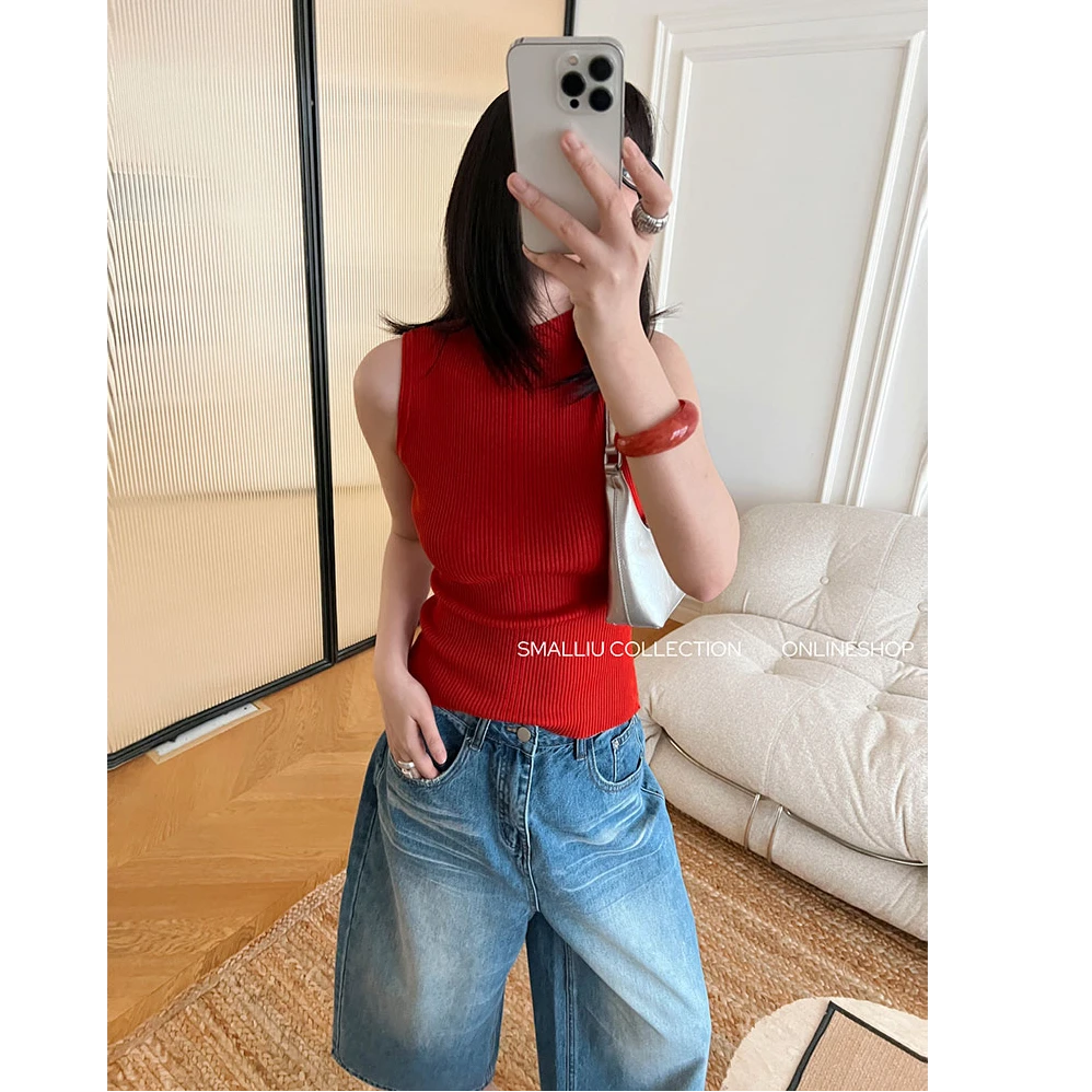 SMALLIU 欧若风通勤红色条纹针织背心