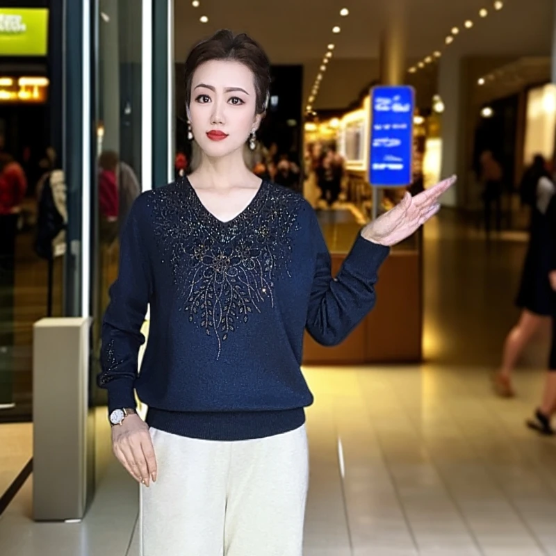 龙源蝶秀高端女装V领重工显瘦洋气针织衫毛衣3659