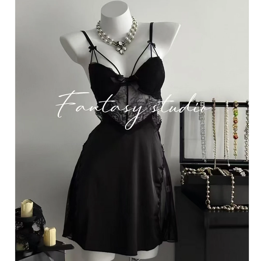 黑色蕾丝吊带睡裙高级感镂空美背聚拢气质显瘦复古纯欲风诱惑