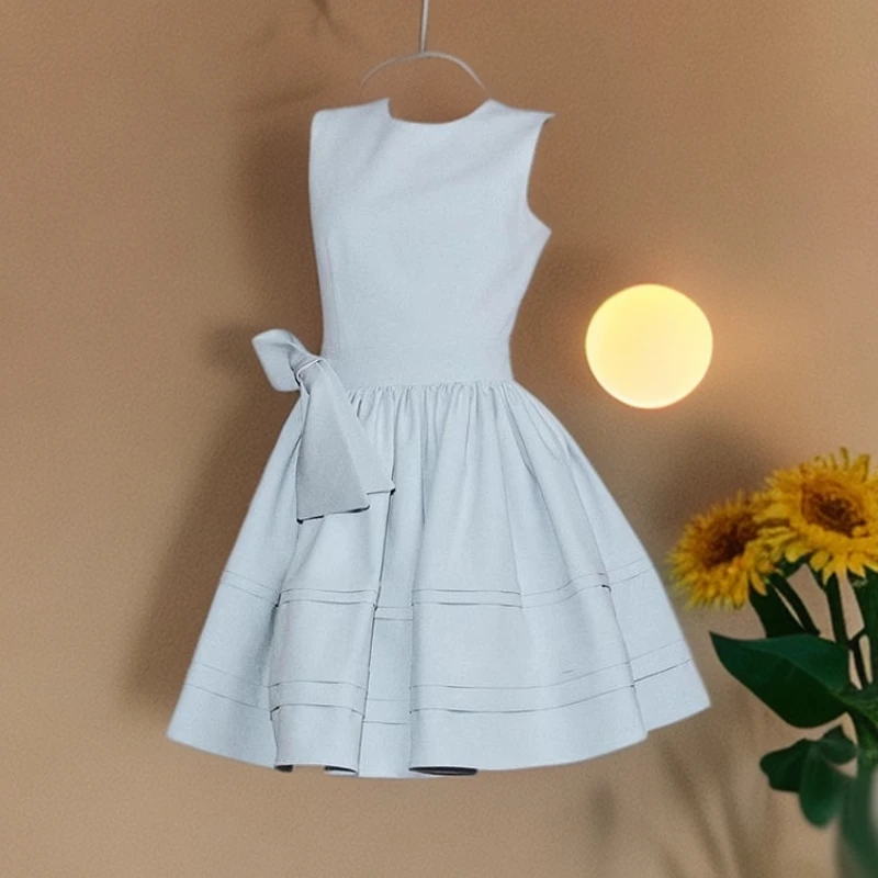 法式高级感气质甜美无袖a字礼服短裙蝴蝶结装饰圆领洋装女夏季