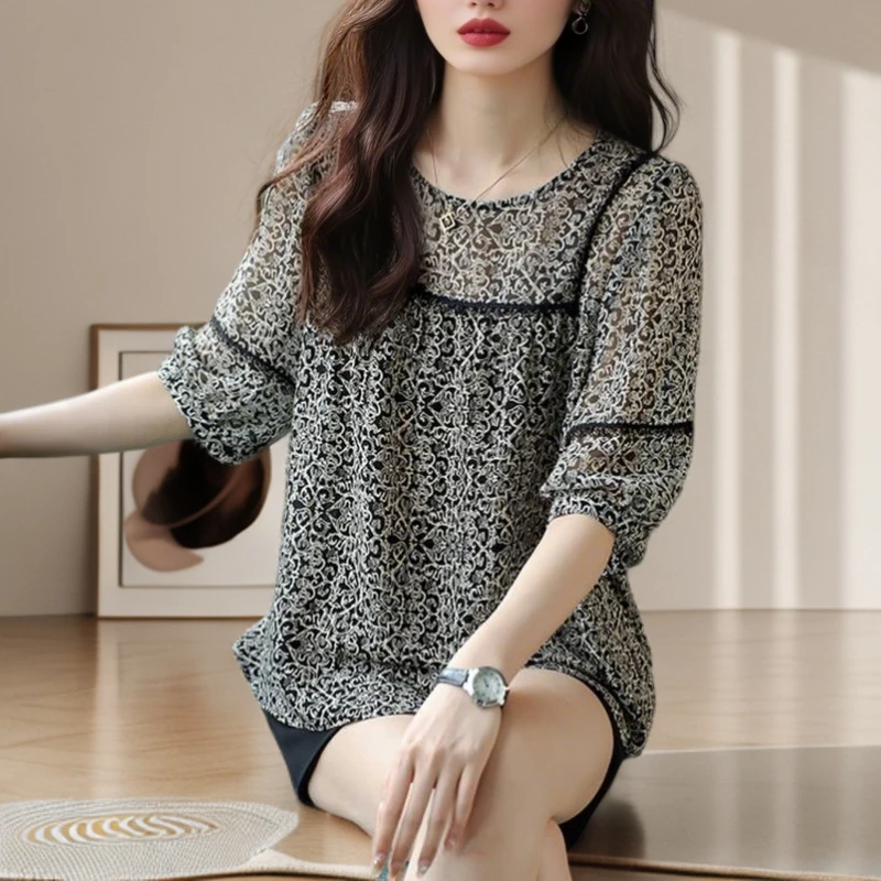 圆领宽松型七分袖遮肚子碎花拼接时尚T恤夏季简约洋气小衫雪纺衫