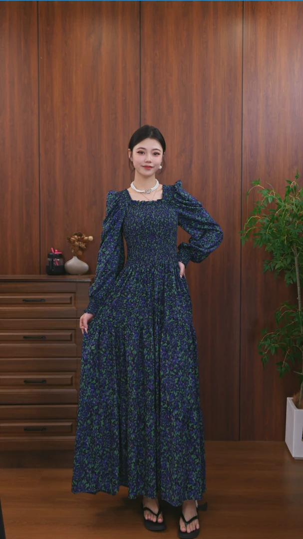 【877】新款气质收腰泡泡袖少女印花碎花连衣裙长款裙子长裙夏季