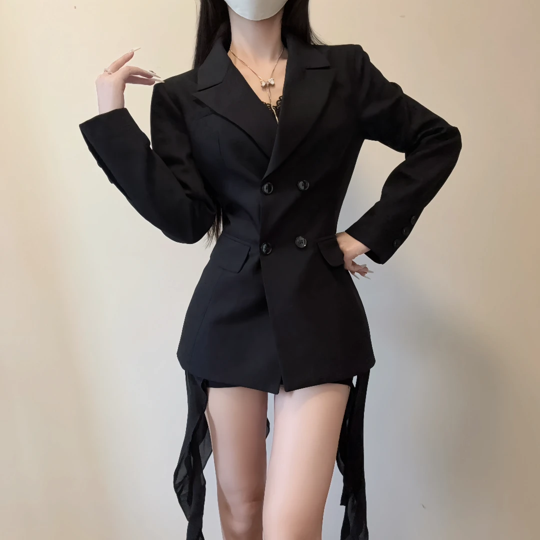 IQCQ轻奢定制黑色飘带双排扣V领小西装中长款高级感气质短裙外套