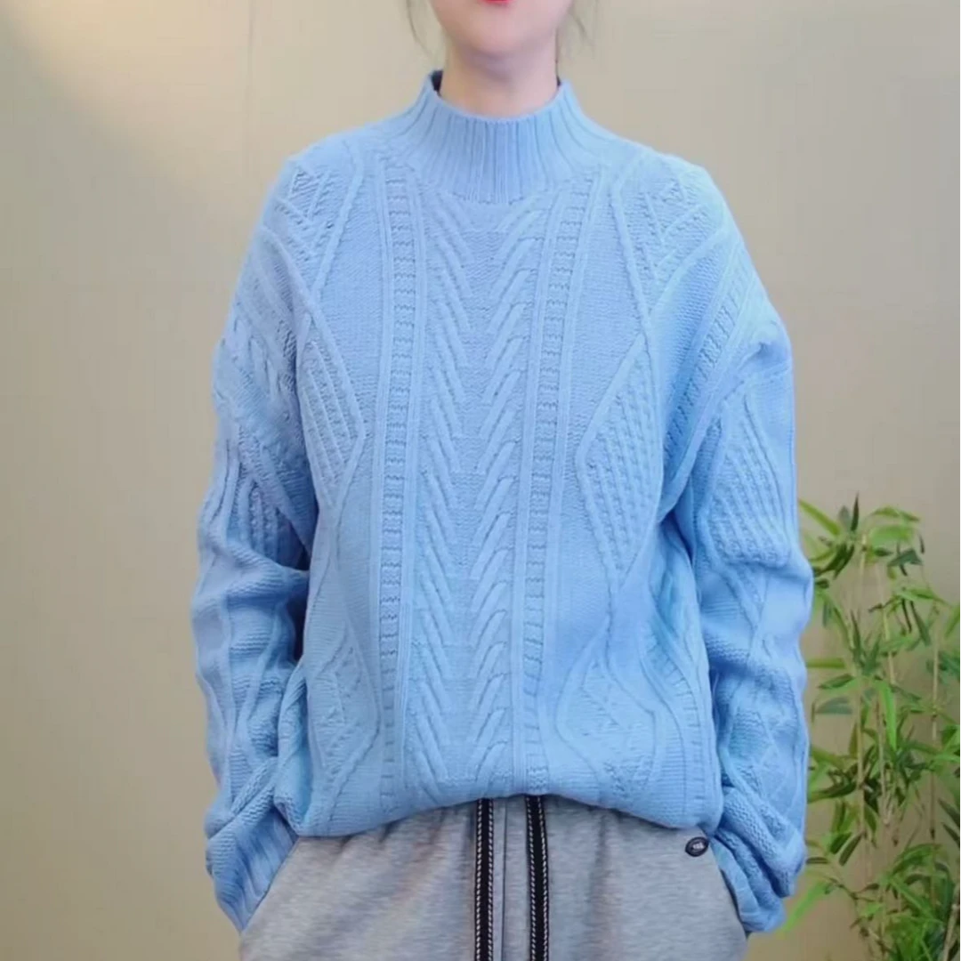 2024冬季羊毛加厚粗针半高领宽松糖果色毛衣
