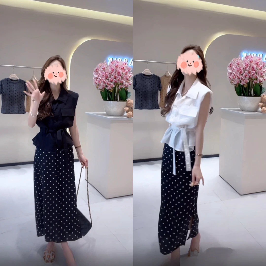 2025夏季韩系收腰显瘦坎肩袖气质小衫+波点印花百搭A字半身裙套装