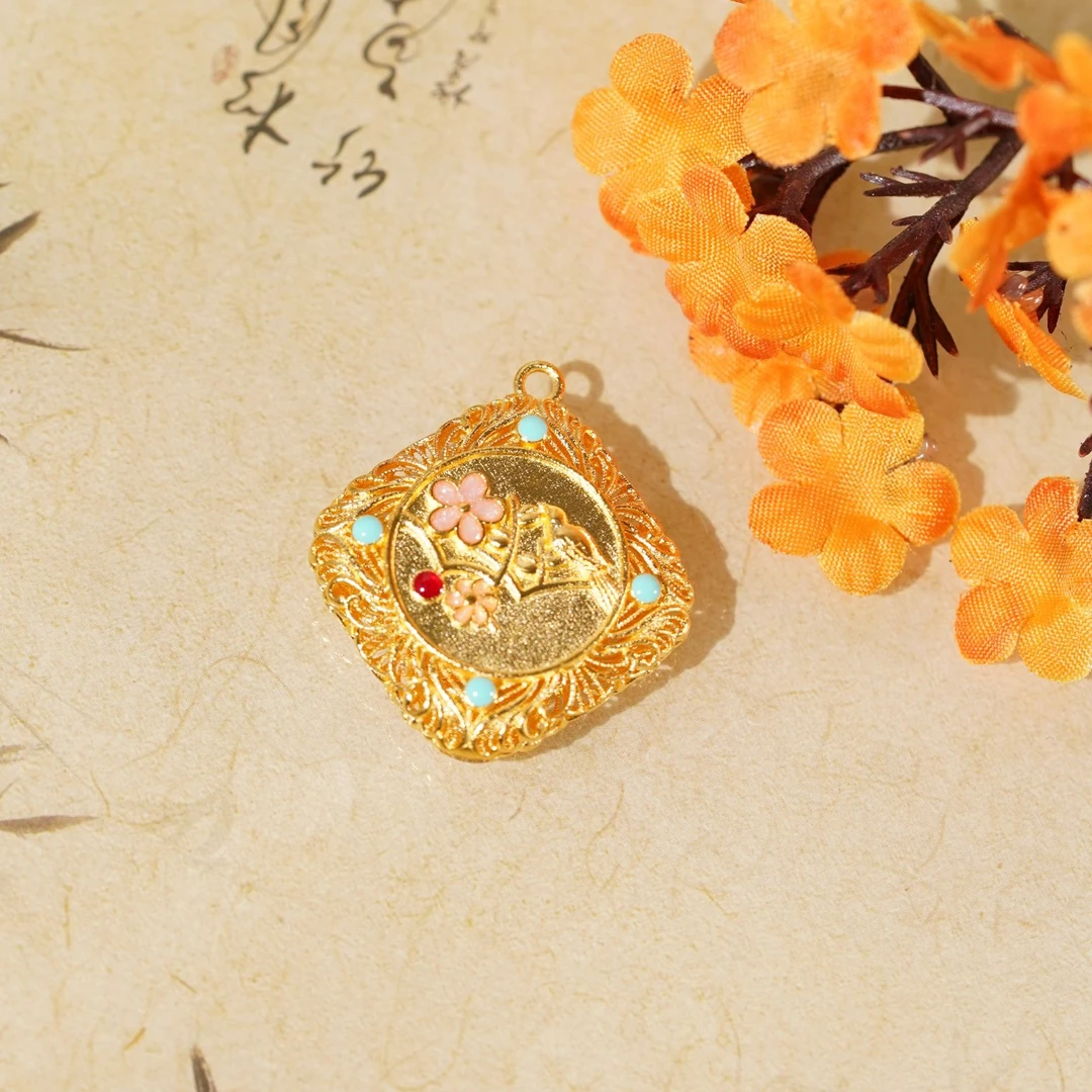 吊坠足银 古法工艺足银999小福牌鲜花吊坠 0004